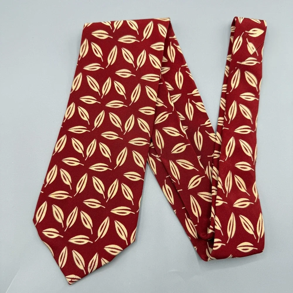 Boss Hugo Boss Tie Mens Red Tan Floral Leaf 100% Silk Necktie‎ Luxury Italy